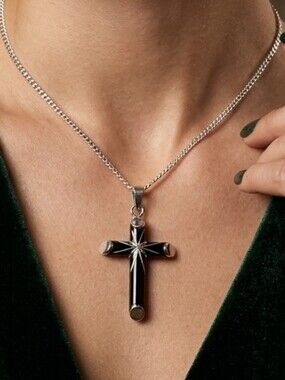 Vintage Silver Ebony Wood Cross Pendant 1.5” Starburst Gothic